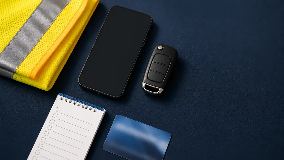 Kit pour appeler une dépanneuse : téléphone, clés, gilet et checklist